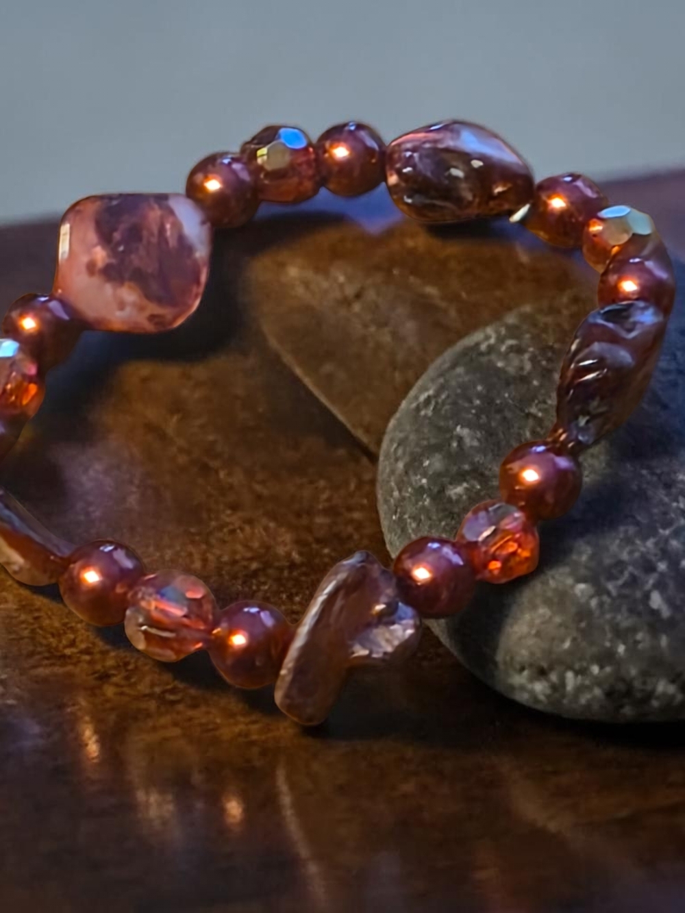 Copper Mauve Beaded Stretch Bracelet Boho Mixed Beads